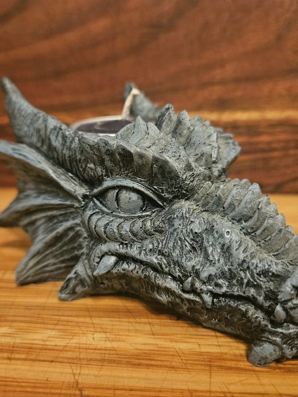 Gothic Dragon Head Tealight Candle Holder | 5” Grey Stone Finish Resin Figurine
